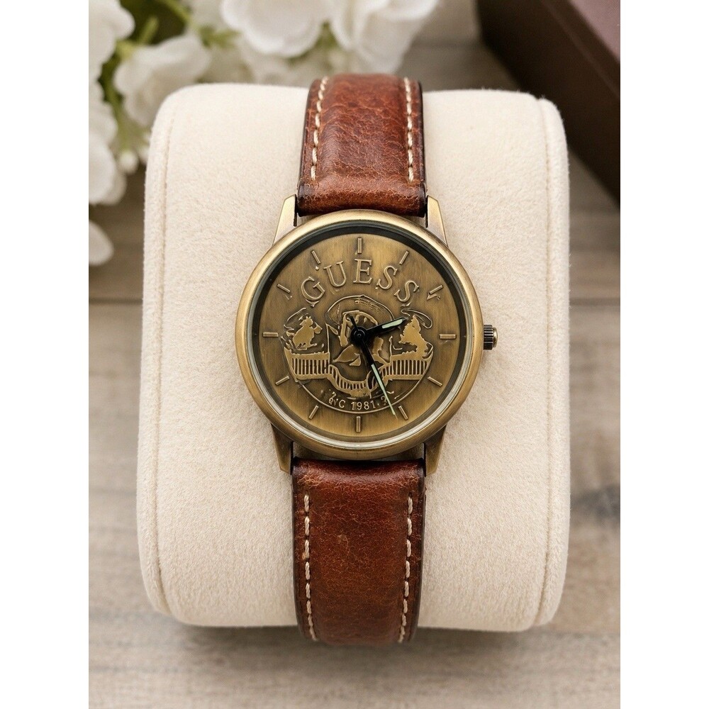 GUESS Vintage 1990s Womens Horse Logo Dial Brown Leather Watch New Battery